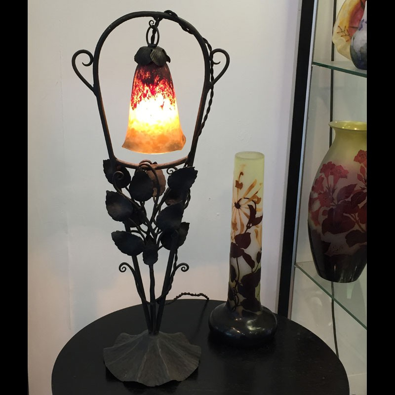 French Art Deco Lamp, Wrought Iron Base with Daum Nancy Glass Shade