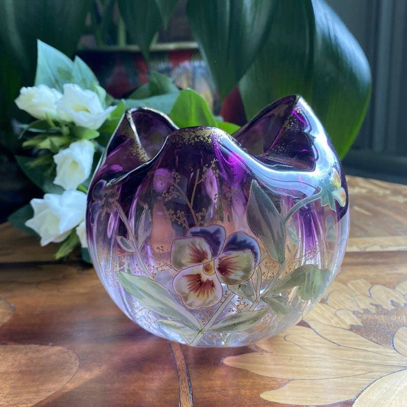 Lergas Mont Joye Enamelled Glass Pansy Vase