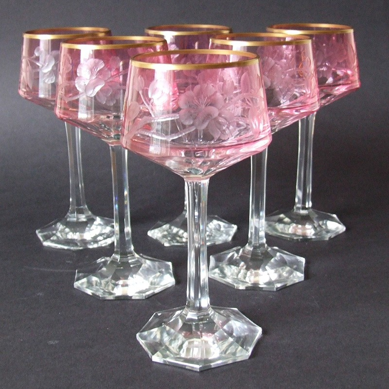 Moser Karlsbad or Harrach Set of Six Intaglio Cut Wine Glasses