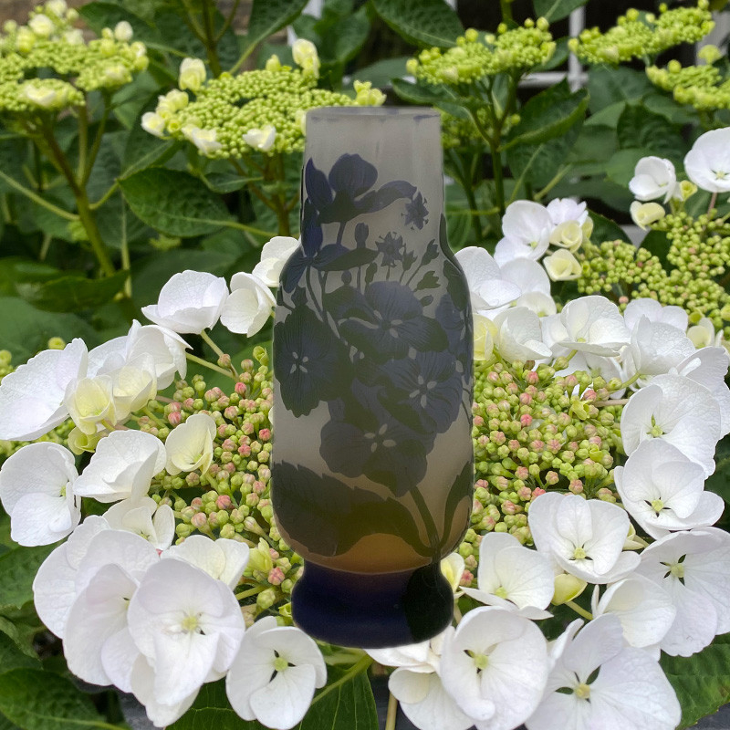 Emile Galle Glass Vase Acid Etched Overlaid with Hydrangea