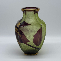 Old Baccarat Glass Poinsettia Vase, Moss-coloured and cased Amethyst