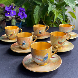 Royal Worcester Porcelain Demitasse Cups & Saucers Set with Silver Spoons