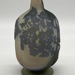 Emile Galle Cameo Glass Vase, long slender neck with Hydrangea floral and foliage