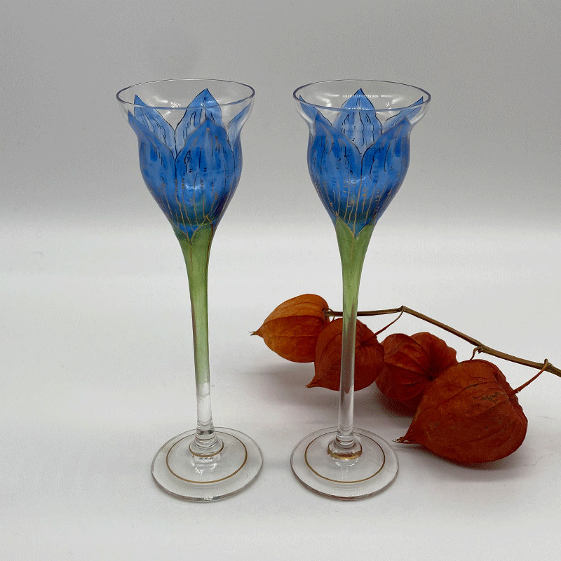 Fritz Heckert Blue Tulip Formed Enamelled Liqueur Glass