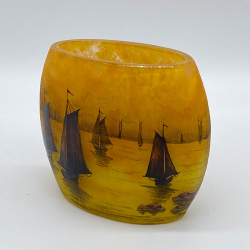 Daum Nancy Cameo and Enamelled Glass Harbour Scene with Sailboats