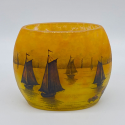Daum Nancy Cameo and Enamelled Glass Harbour Scene with Sailboats