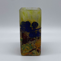Daum Nancy Square Formed Vitrified Acid Etched and Enamelled Glass Vase