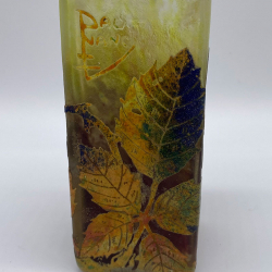 Daum Nancy Square Formed Vitrified Acid Etched and Enamelled Glass Vase