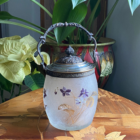 Lgras Mont Joy Glass Biscuit Barrel Enamelled with Violets