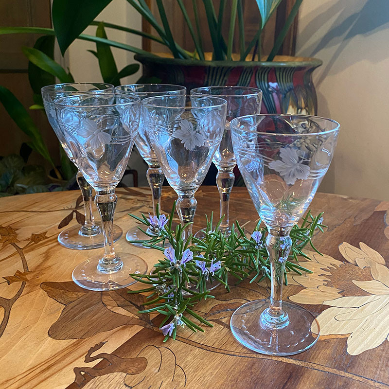 Thomas Webb and Sons Set of Six Liquor Glasses Intaglio Cut with Butterfly
