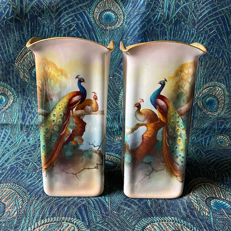 Royal Worcester Porcelain a Pair of Vases Hand painted with Peacocks