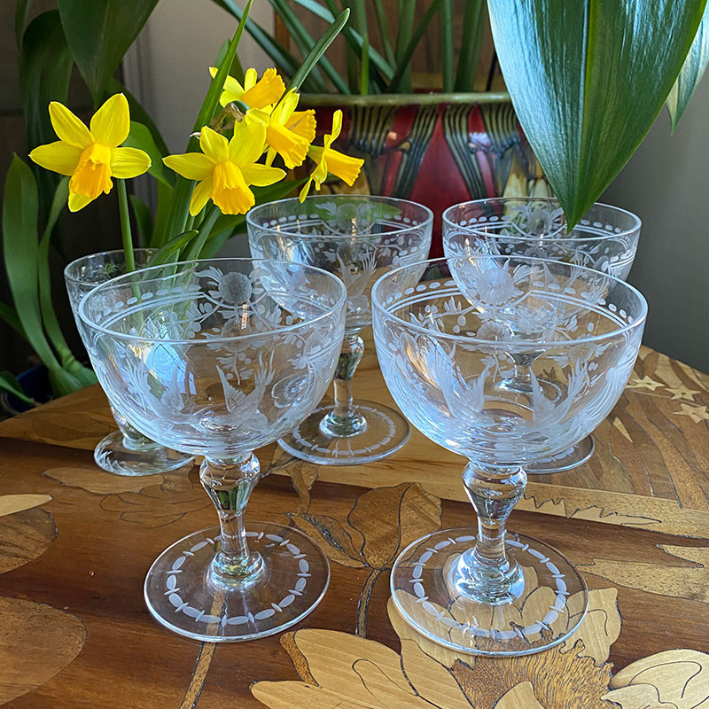 Set of Four English Intaglio Drinking Glasses Decorated with Birds and Floral Design