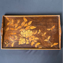 Emile Galle Marquetry Tray, Floral and Butterfly Inlaid in Various Wood