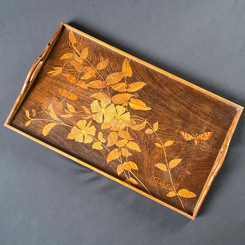 Emile Galle Marquetry Tray, Floral and Butterfly Inlaid in