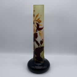 EmIle Galle Cameo Glass Cylindrical Bulb Formed Vase with Floral Motif