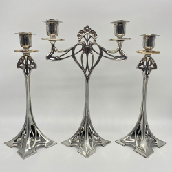 WMF Pewter One Twin Branches and Two Single Branch Candlesticks Set