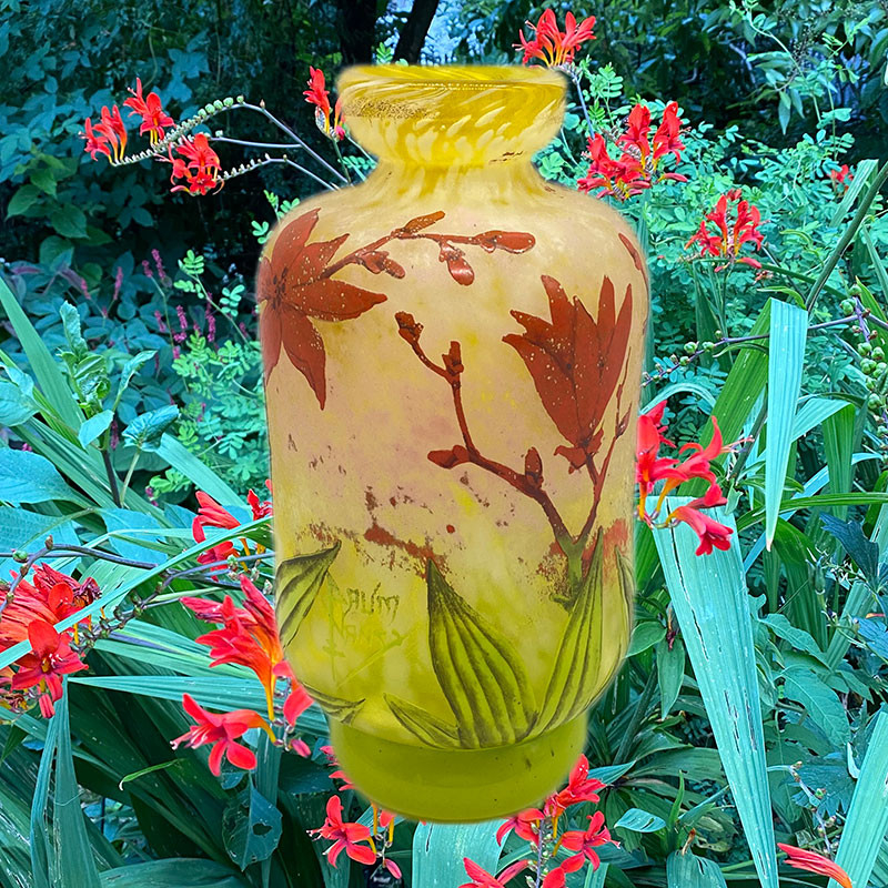 Daum Nancy Acid Etched overlaid and Enameeled Glass Crocosmia Vase
