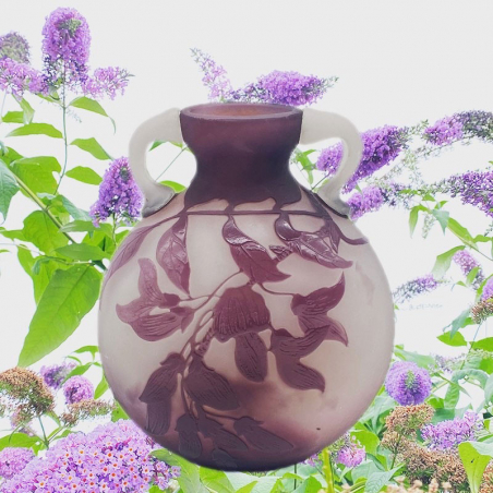Emile Galle Acid Etched Overlaid Wisteria Glass Vase with Applied Twin Handles