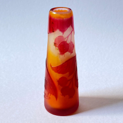 Emile Galle Small Cameo Vase Cylindrical Tapered Shape Decorated with Rose Hips