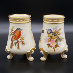 A Pair Royal Worcester Porcelain vases Hand Painted with Birds and Jewelled Enamel