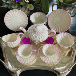 Belleek Pottery Neptune Tea Set comprising 5 Trios, 1 Pot, 1jug, 2 Bowls