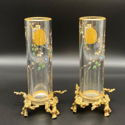 A Pair Antique French Baccarat Enamelled Glass Vase
