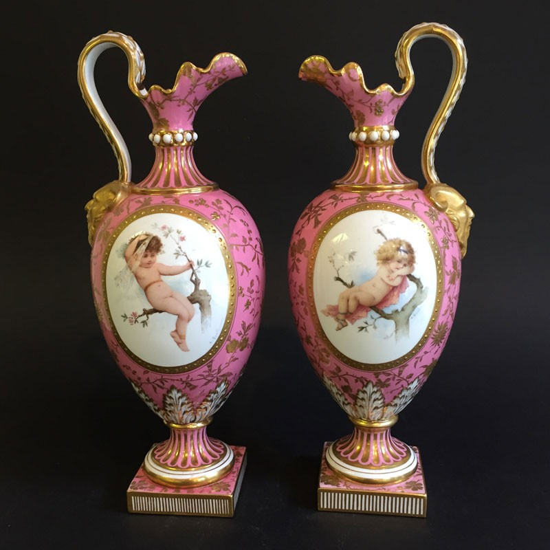 Minton porcelain pair of Kedleston ewers by Antonin Boullemier