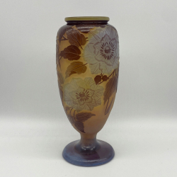 Emile Galle Cameo Glass Footed Vase, Acid Etched and Overlaid with Clematis