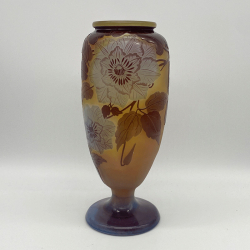 Emile Galle Cameo Glass Footed Vase, Acid Etched and Overlaid with Clematis