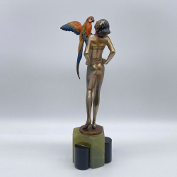 Art Deco Cold Painted Bronze Figure "Dancer with A Bird" by Josef Lorenzl