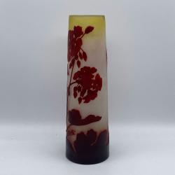 Emile Galle Cylindrical Formed Acid Etched Overlaid Cameo Glass Geranium Vase