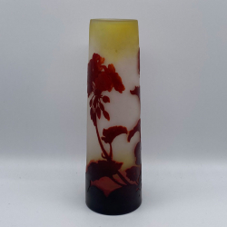 Emile Galle Cylindrical Formed Acid Etched Overlaid Cameo Glass Geranium Vase