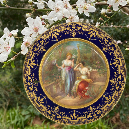 Royal Vienna Porcelain Cabinet Plate, Depicting Beautiful Maidens in a Courtyard