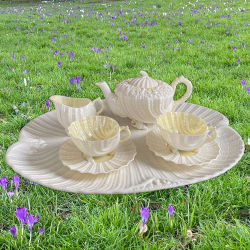 Early Irish Belleek Porcelain Neptune Tea For Two, Shell Shaped with Shell Feet