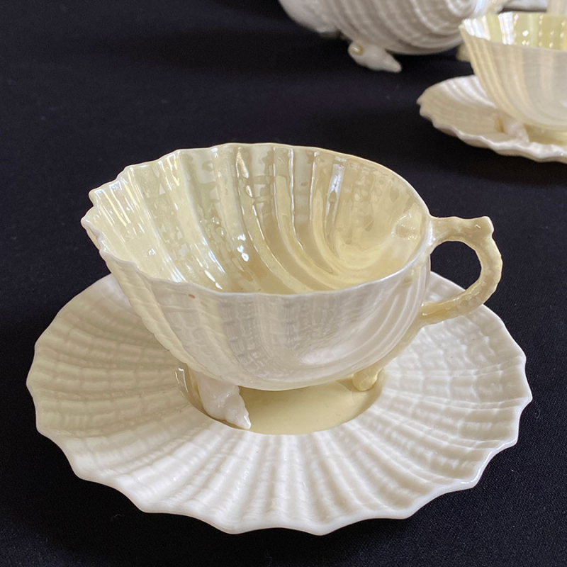 Early Irish Belleek Porcelain Neptune Tea For Two, Shell Shaped 