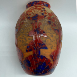 Le Verre Francais Acid Etched Overlaid  Glass Vase Decorated with Stylish Plants