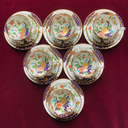 Samuel Alcock Pottery Set of Six Trios, Hand Painted and Enamelled with Tree, Flower, Levies