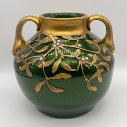 Legras Mont Joye Aventurine vase decorated with gilt mistletoe and applied pearl berries