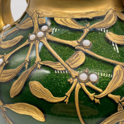 Legras Mont Joye Aventurine vase decorated with gilt mistletoe and applied pearl berries