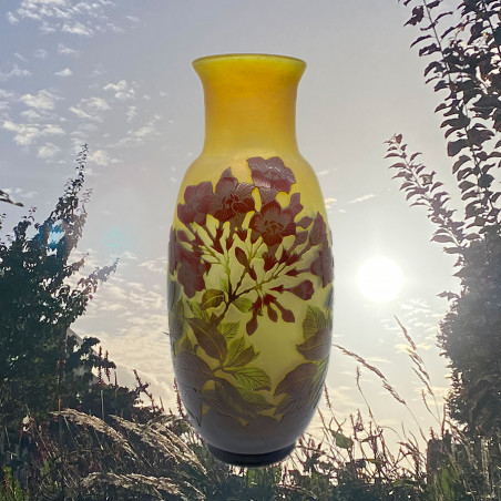 Emile Galle Cameo Glass Vase, Yellow Ground Acid Etched Overlaid with Flower