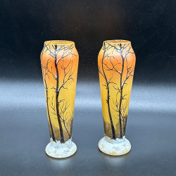 Legras Mont Joye A Pair Enamelled Glass Winter Scene Small Vases