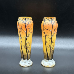 Legras Mont Joye A Pair Enamelled Glass Winter Scene Small Vases