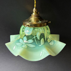 Vaseline Glass Pendant Ceiling Lamp with Flower Pattern