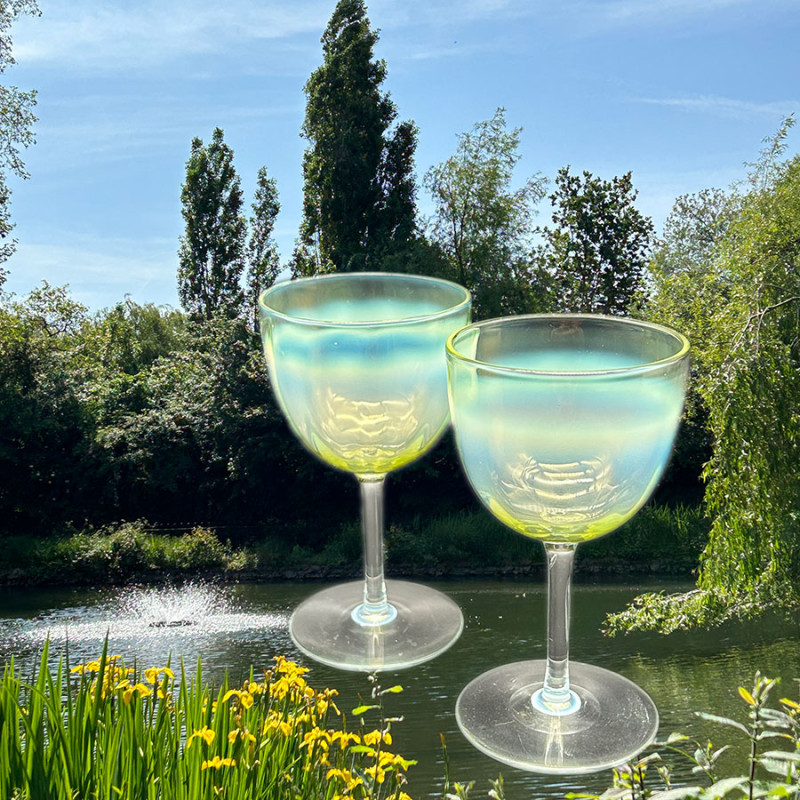 A Pair of James Powell & Sons Vaseline Wine Glasses