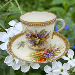 Royal Worcester Porcelain Cup and Saucer, Hand Painted Bouquets and Decorated with White  Bijoux