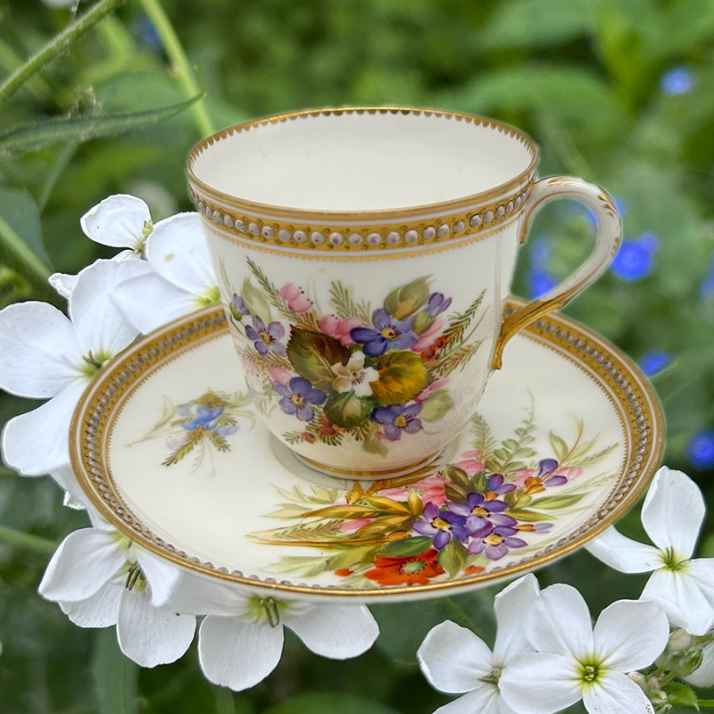 Royal Worcester Porcelain Cup and Saucer, Hand Painted Bouquets ...