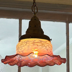 Arts and Crafts Vaseline Cranberry Ceiling Lamp with Rare Pattern