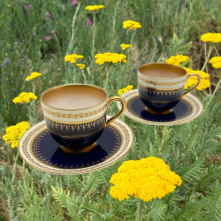 A Pair of Royal Worcester Demitasse  cobalt blue and Beige with Red Bijoux