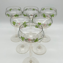Theresienthal Set of 6 Hook Glasses, Enamelled with Grapes and Leaves