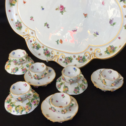 Meissen Porcelain Flower Encrusted Six Demitasse Cups & Souser and Tray
